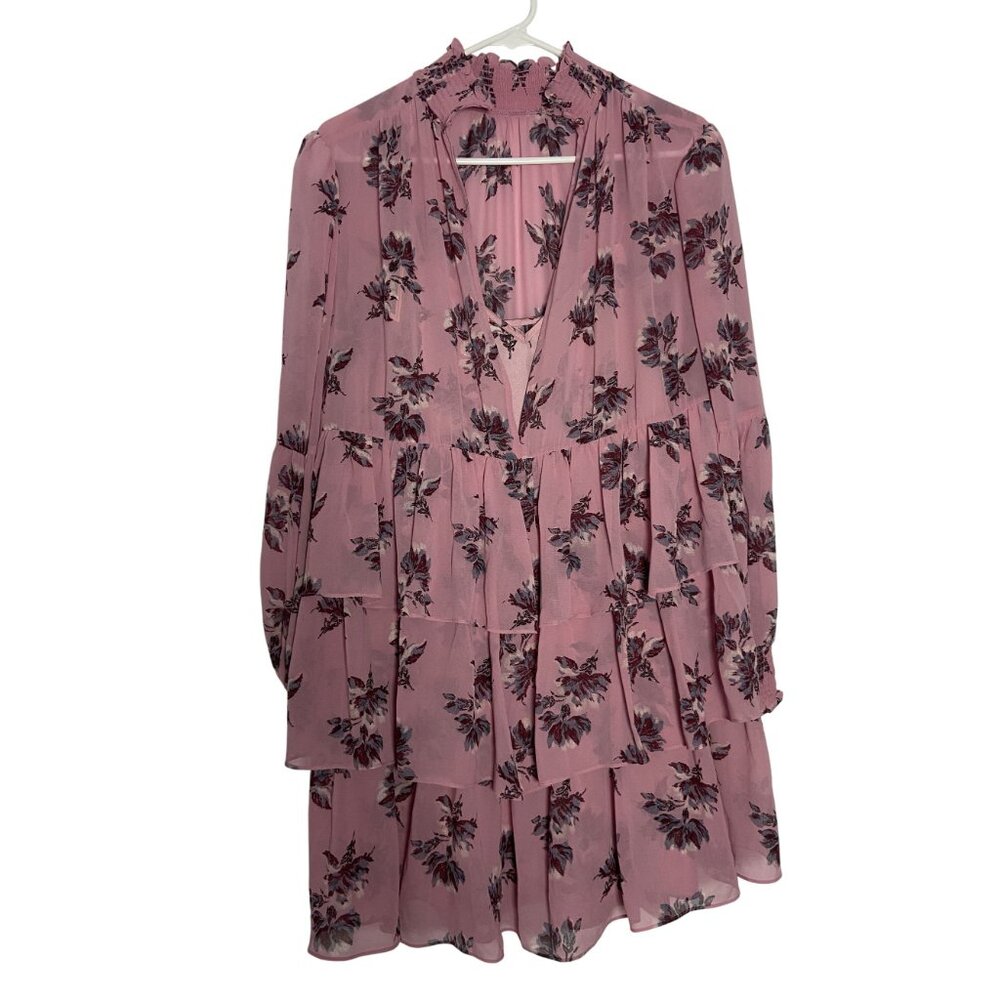 Cinq À Sept Women Sz 6 Tiered Ruffle Pink Floral Dress Billowy Long Sleeves $395 - Picture 4 of 16